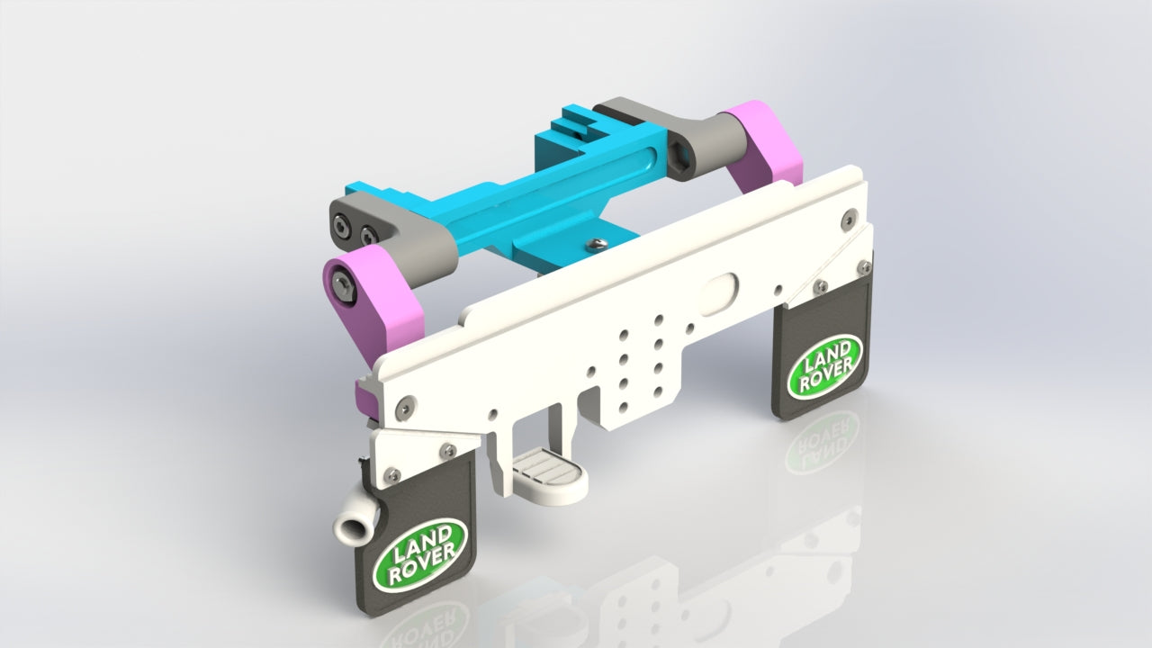 3D-rendered model of a mechanical device with Land Rover branding on a light gray background