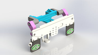3D-rendered model of a mechanical device with Land Rover branding on a light gray background